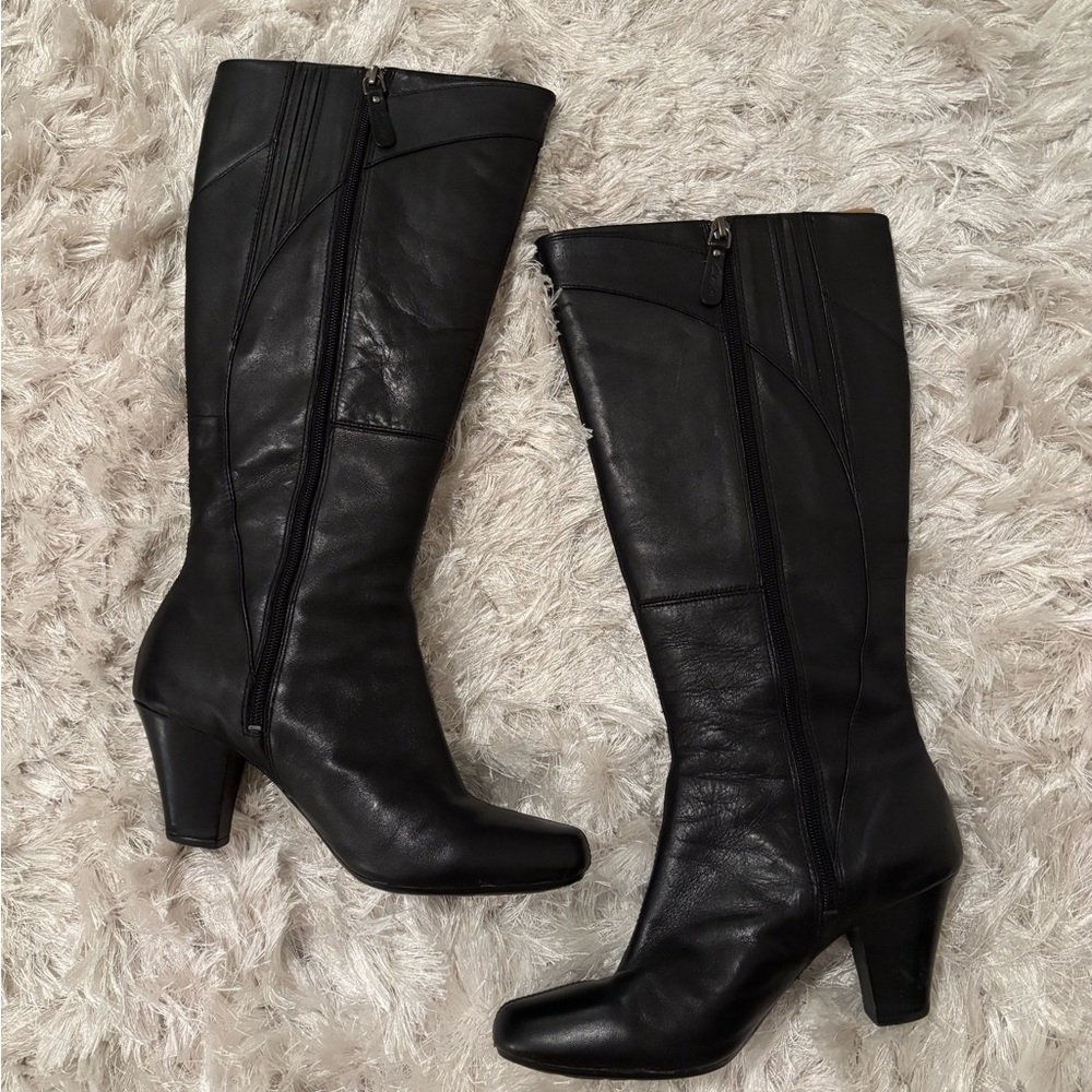 Clarks Black Leather Mid-Calf Heeled Boots